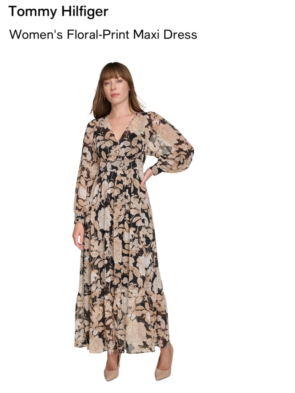 Tommy Hilfiger Black Floral Maxi Dress with Beige Blooms and slip